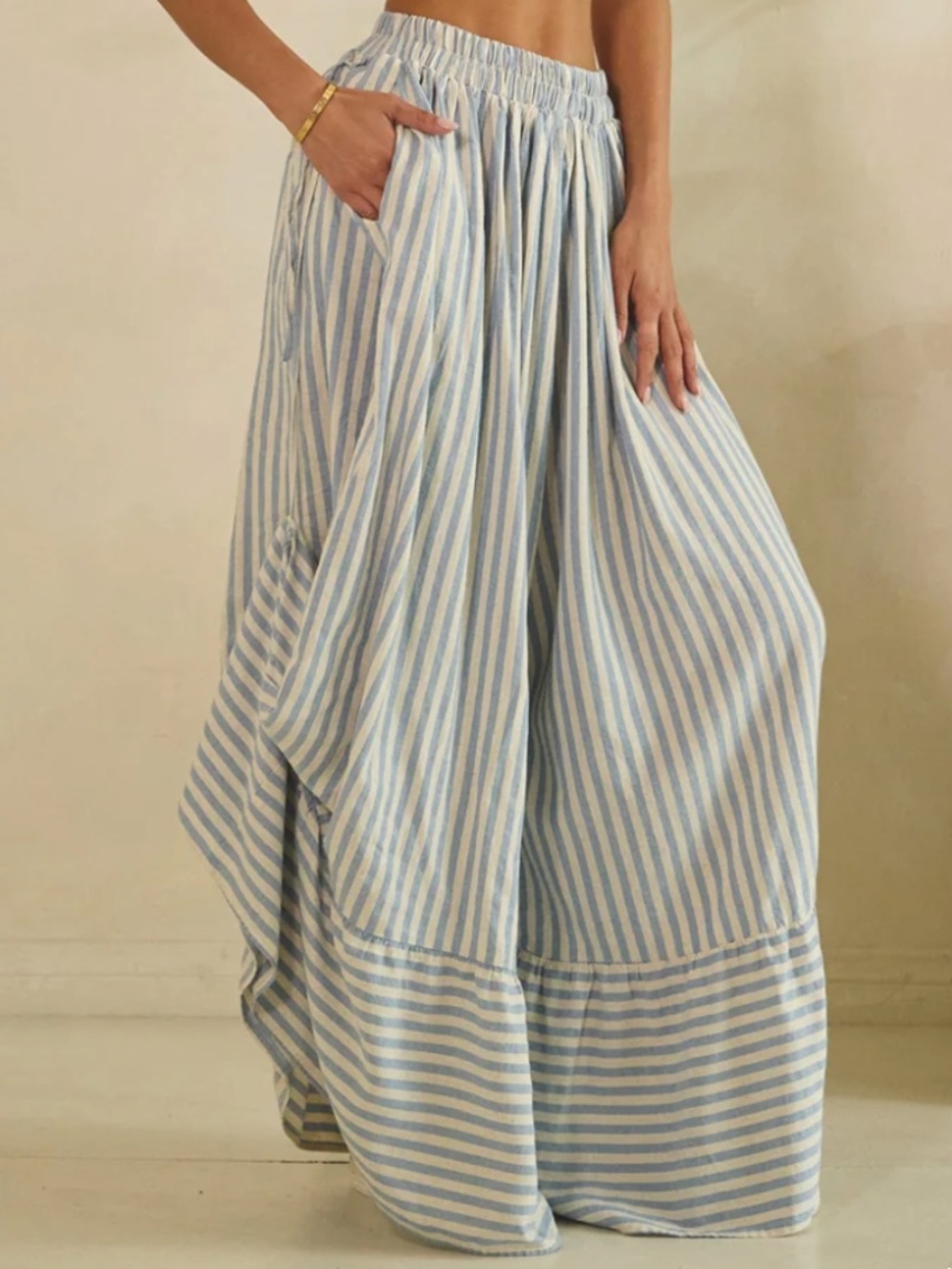 Oli & Hali Striped print Stretchy Waist Gathered Detail Wide leg Pants - Picture 1 of 8